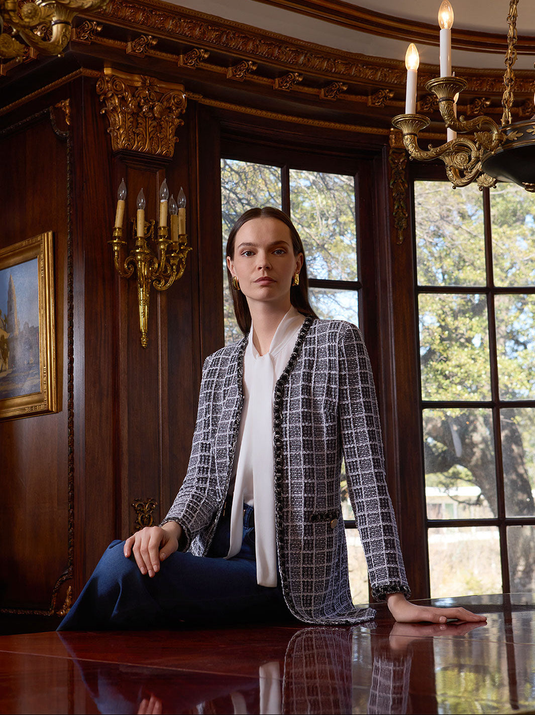 Heritage Velvet Ribbon Trim Plaid Knit Jacket