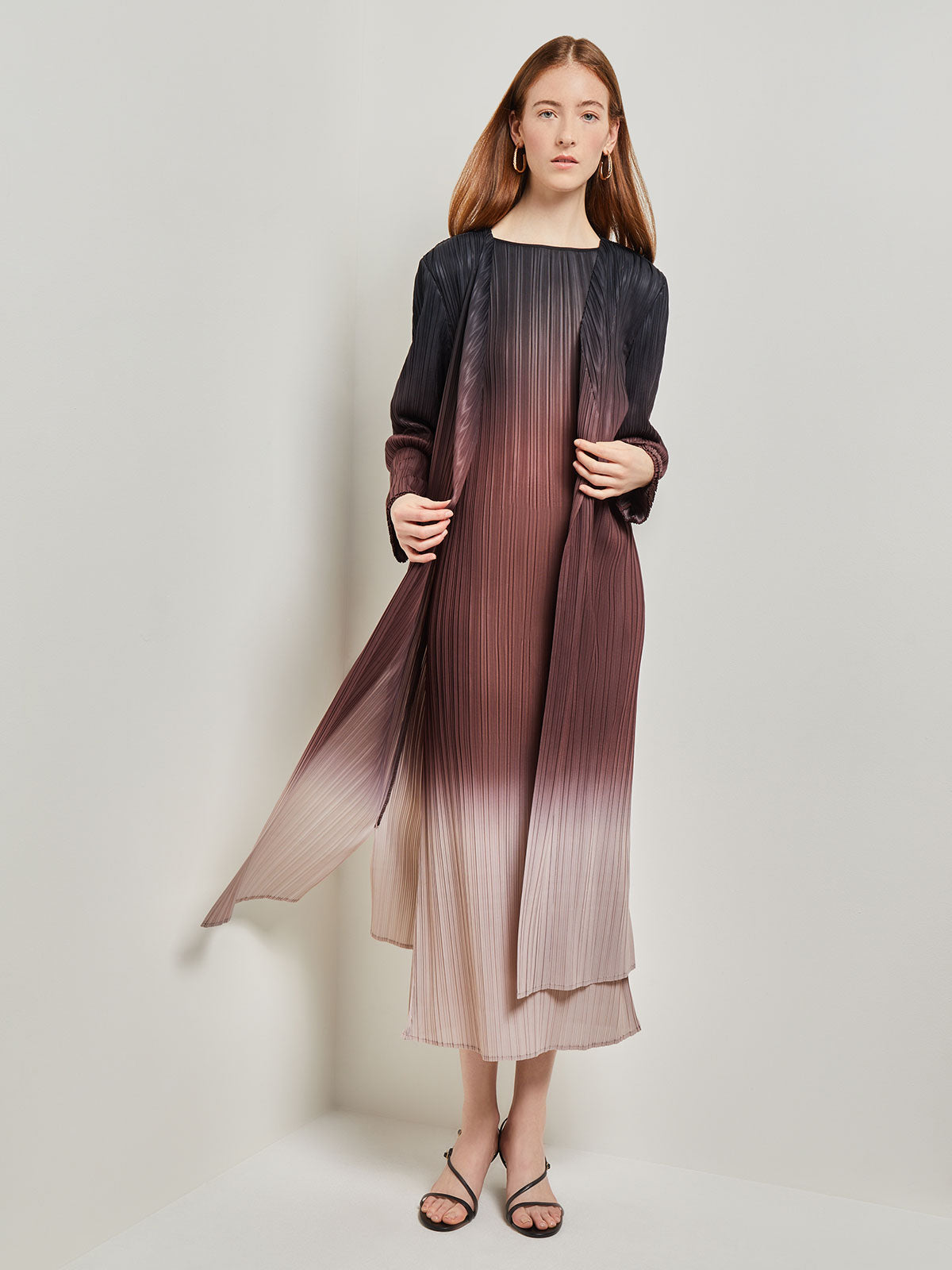 Ombre Open Front Pleated Knit Duster