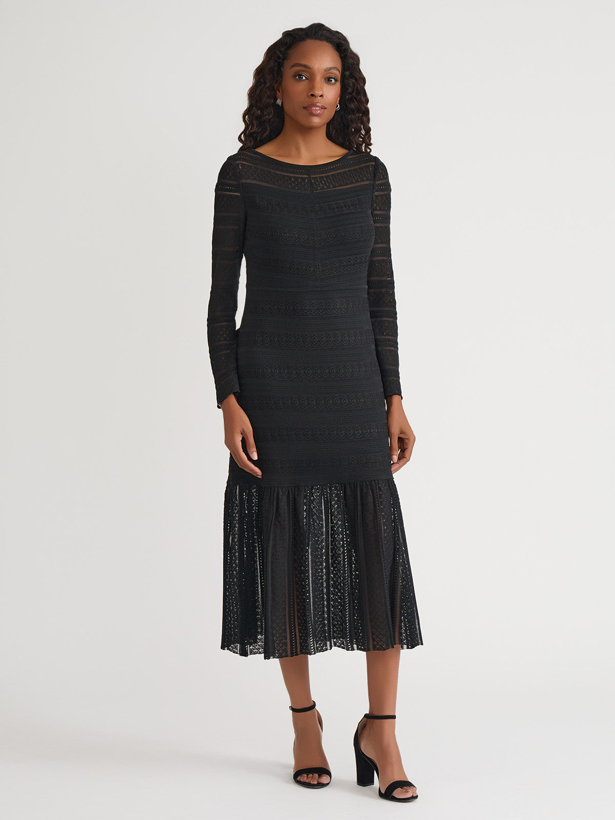 Fit & Flare Lined Sheer Lace Soft Knit Maxi Dress Black / L