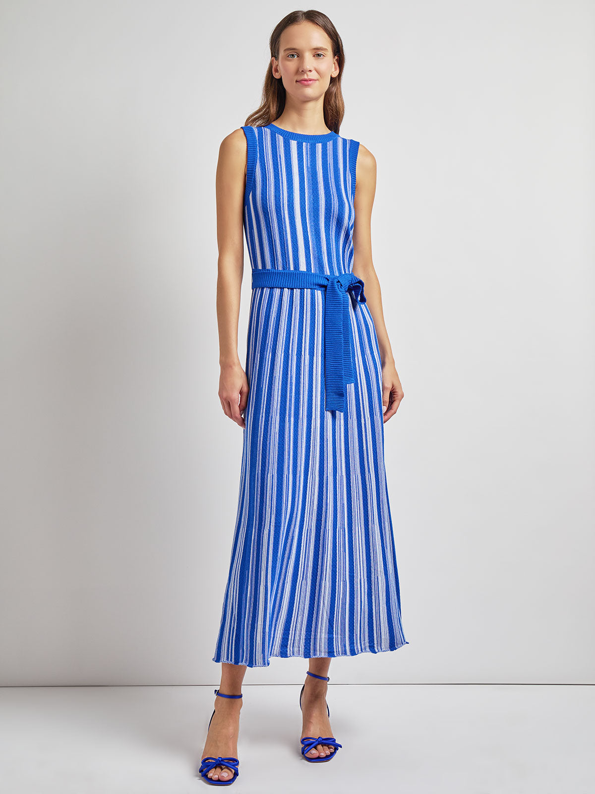 ribbed sleeveless dress Misook Rib Knit Striped Maxi Dress - Aegean Blue