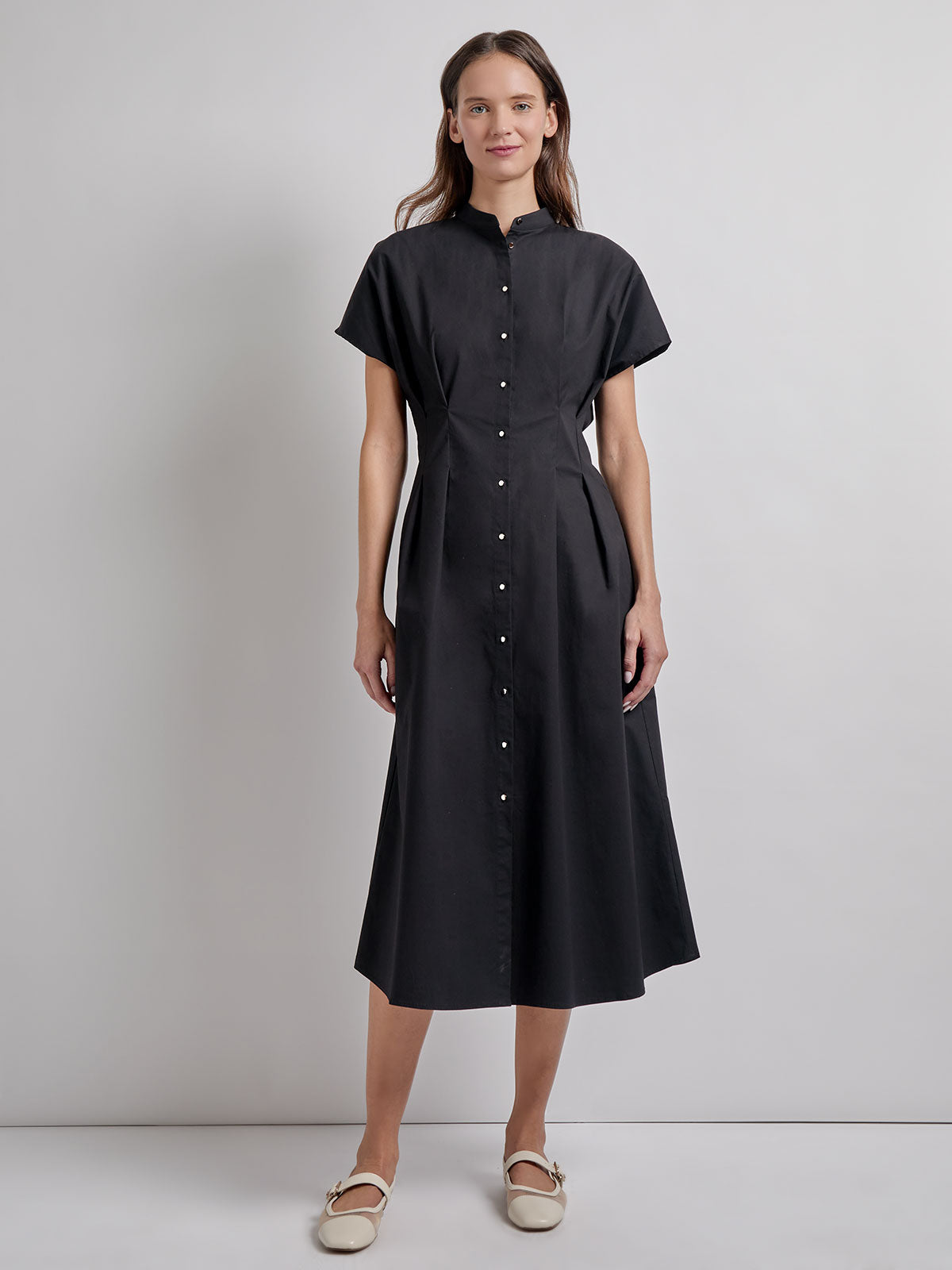 Misook Stand Collar Button Front Midi Dress - Black - XS Misook Stand Collar Button Front Midi Dress - Black - XS