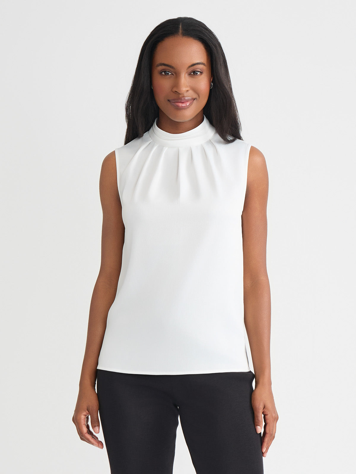 Pleated Mock Neck Crepe de Chine Blouse