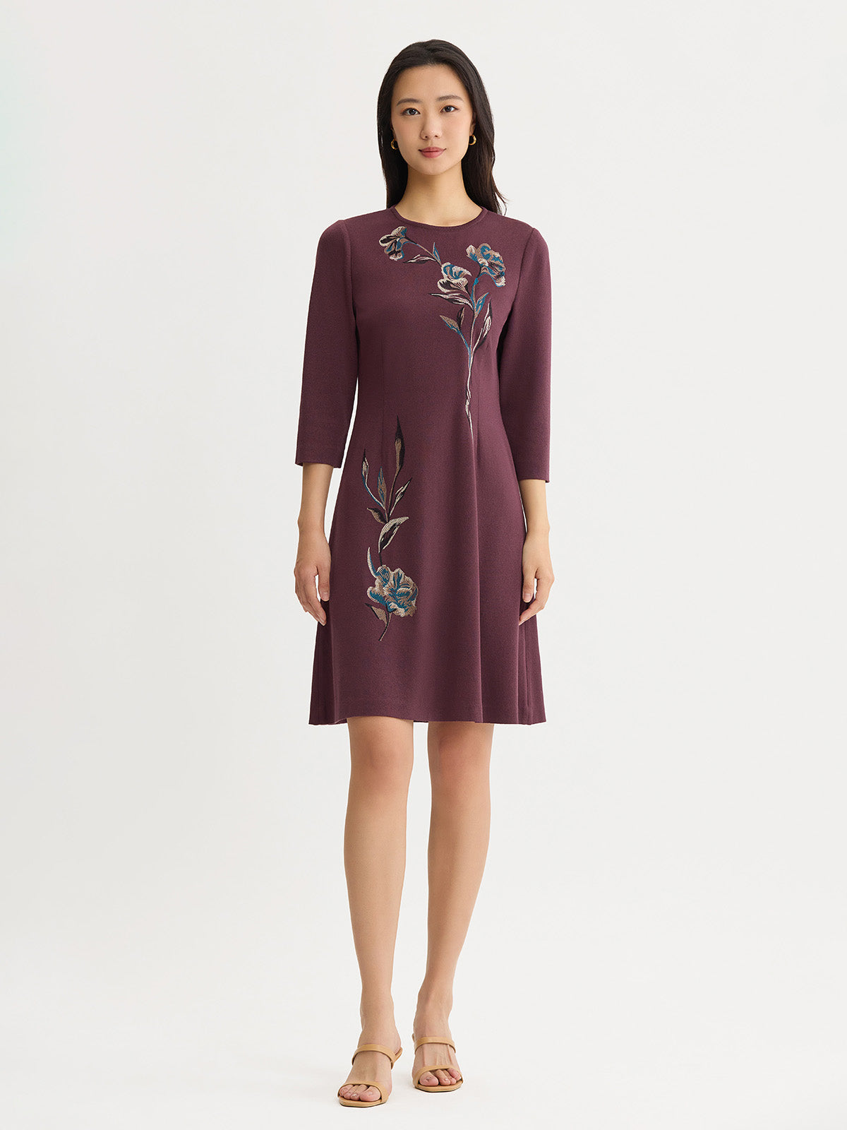 embroidered knit dresses Floral A-Line Soft Dress 70s fashion formal settings American of Martinsville Mid-Century Color:Dark Charcoal Heather
