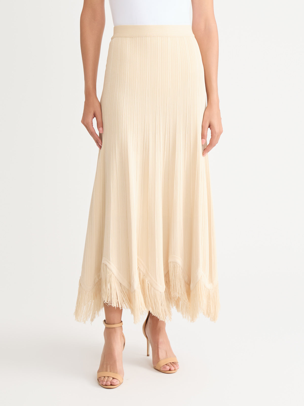 Fringe Hem Ribbed Knit Maxi Skirt