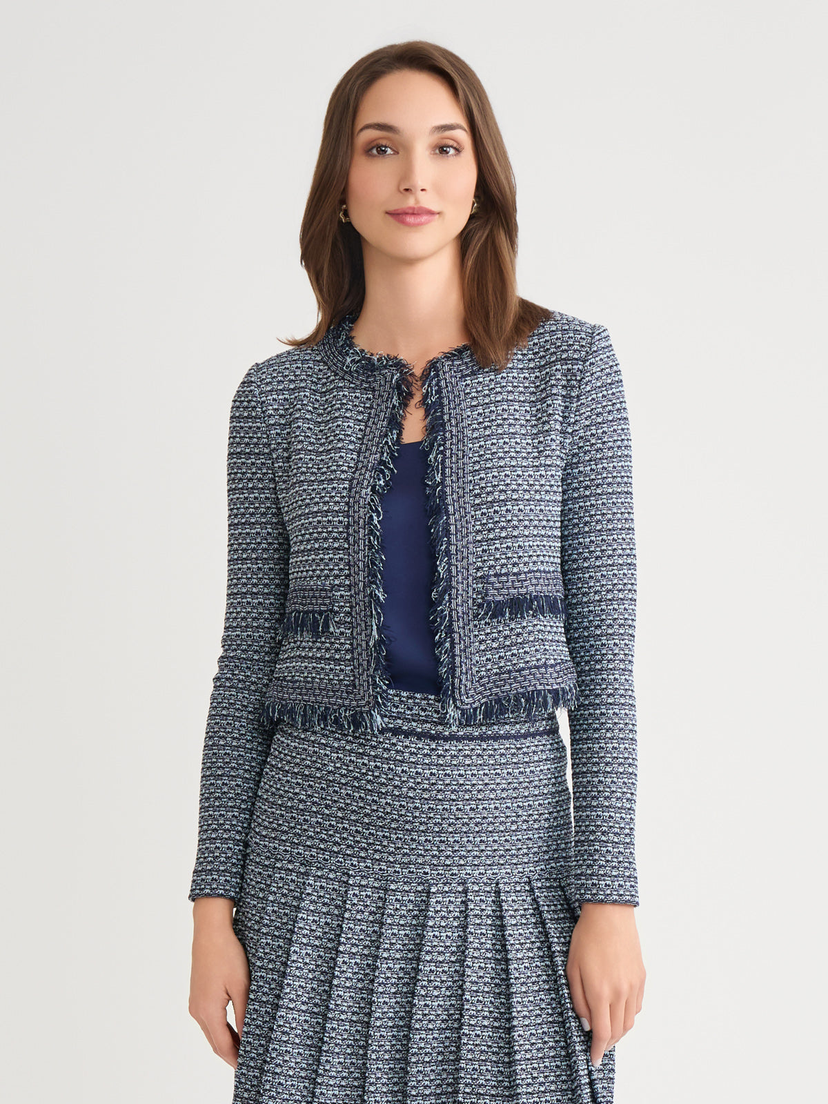 Heritage Fringe Trim Tweed Knit Cropped Jacket - True Fit