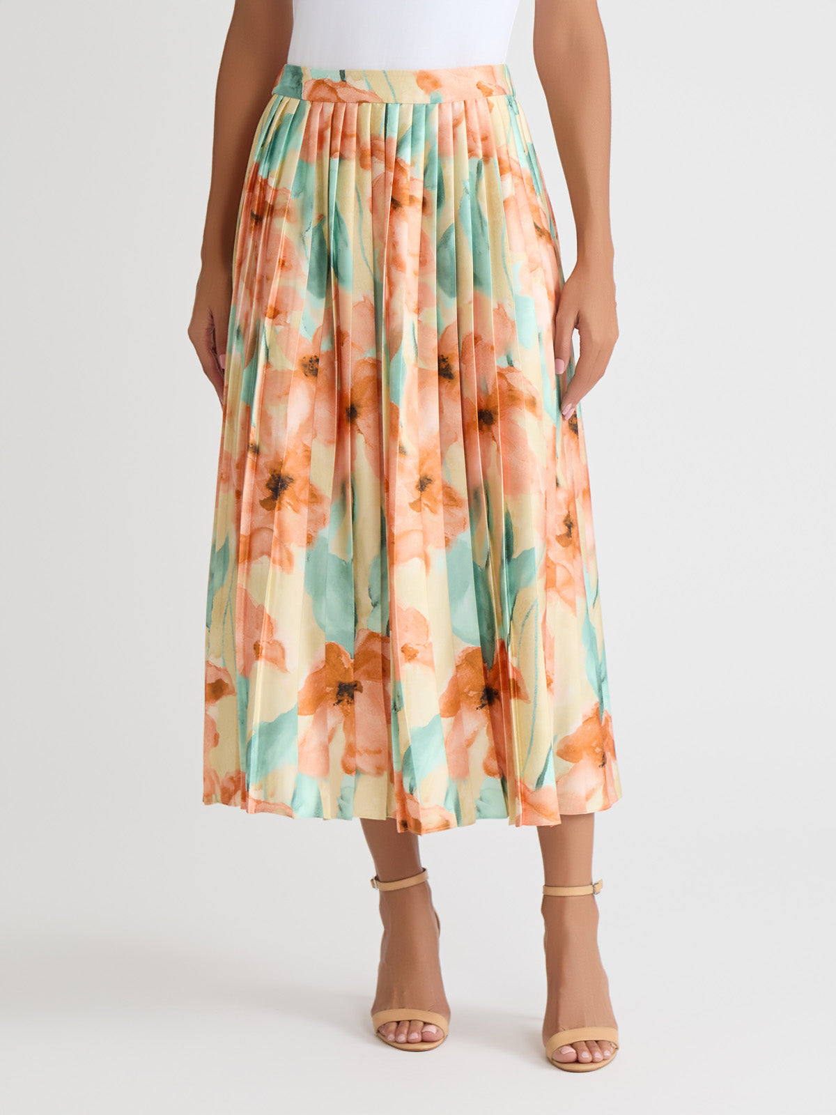 Floral Pleated Crepe de Chine Maxi Skirt