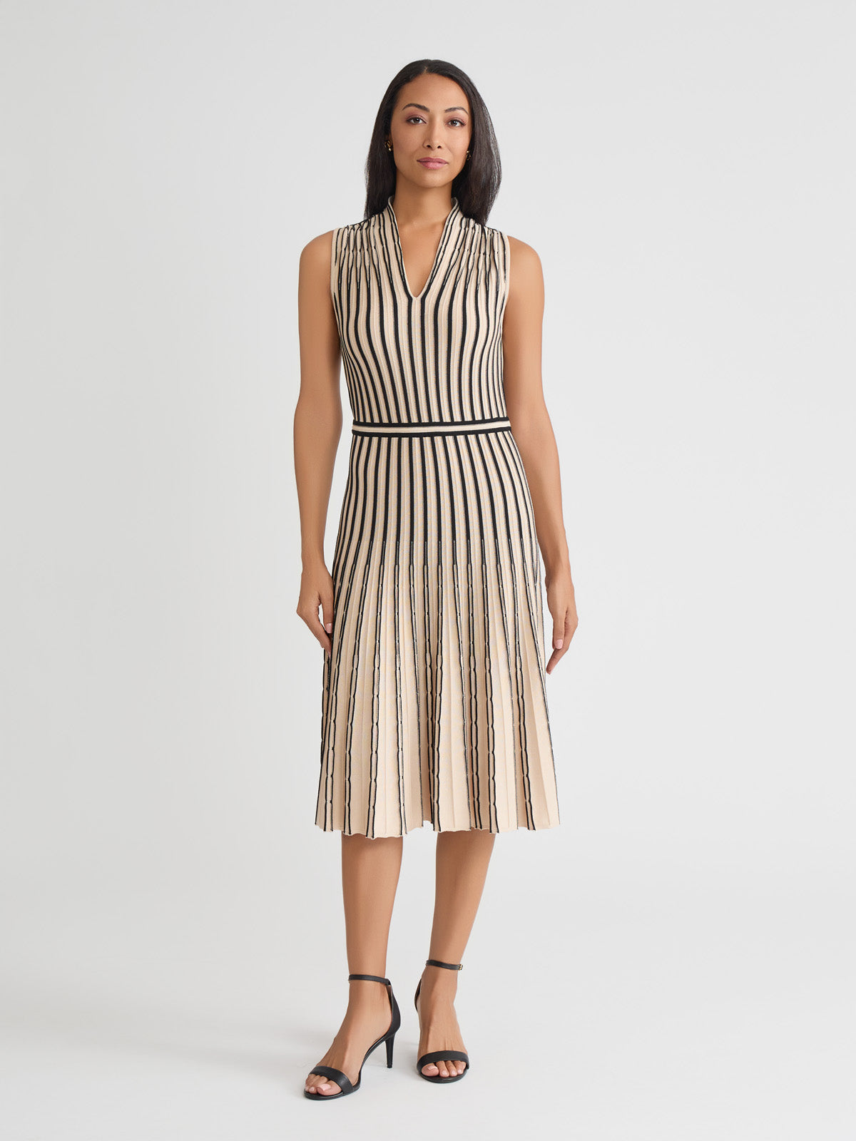 Misook Striped V-neck Ribbed Knit Dress