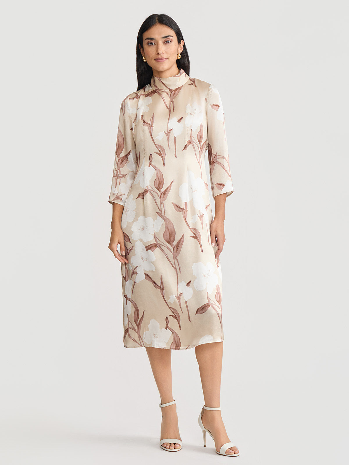 A-Line Floral Print Silk Midi Dress Biscotti/Charmeuse/White / XXL