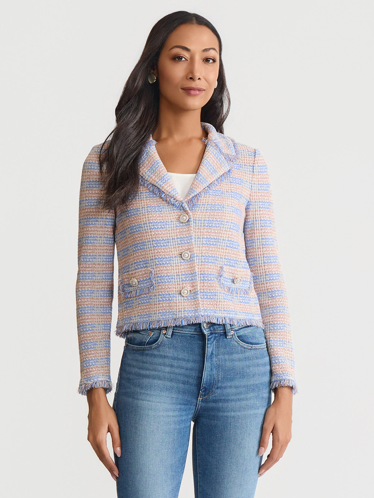 Relaxed Plaid Fringe Trim Knit Jacket