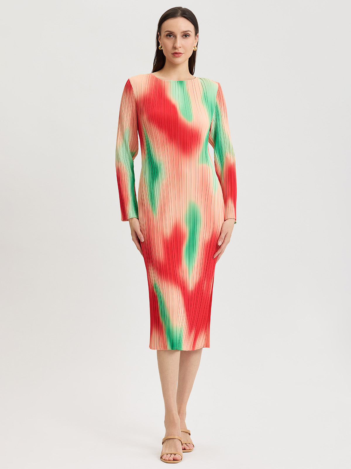 open lace back dress Micro Pleated Print Crepe Midi Dress