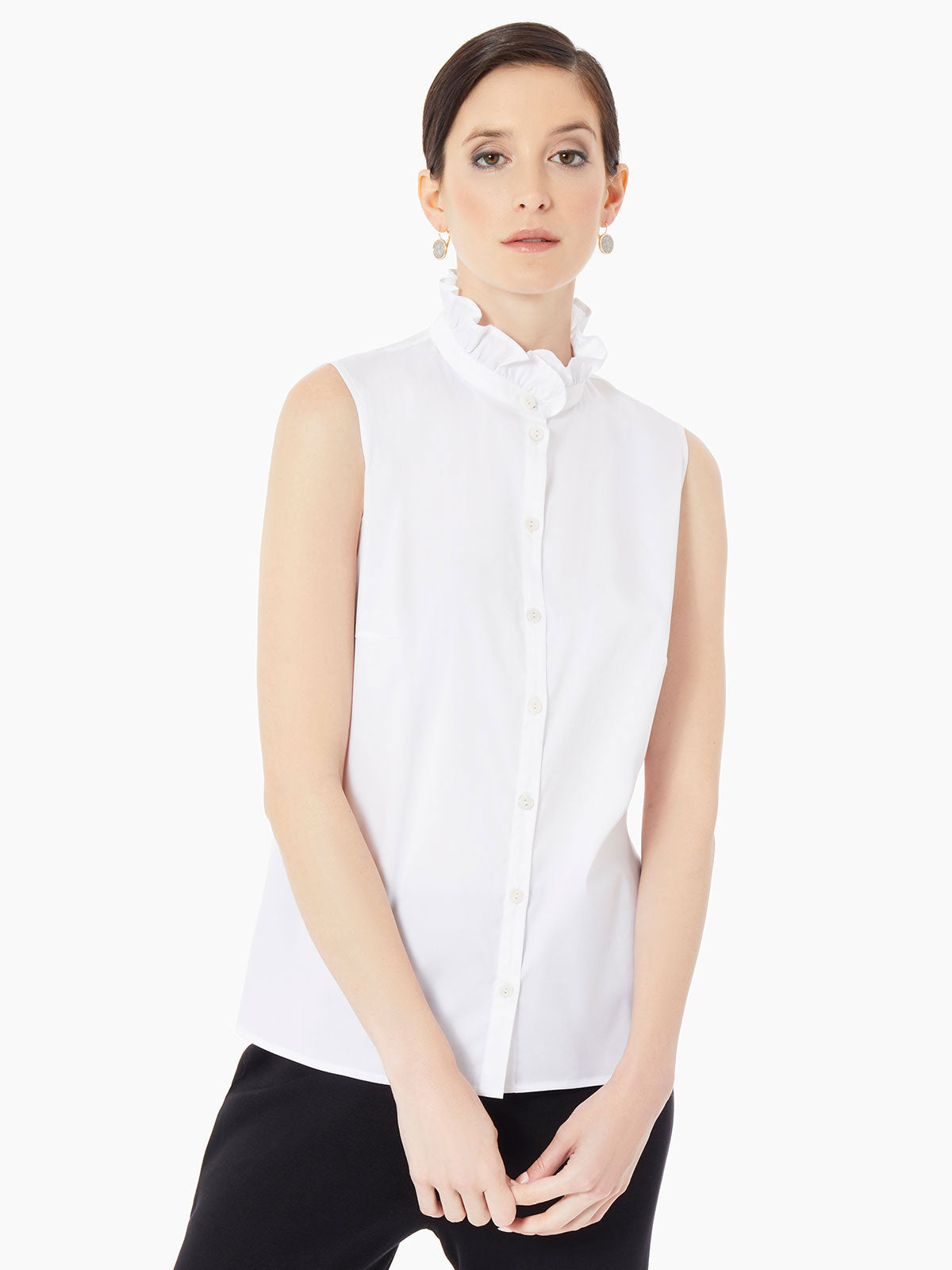 Ruffle Neck Stretch Cotton Blouse - Main Image