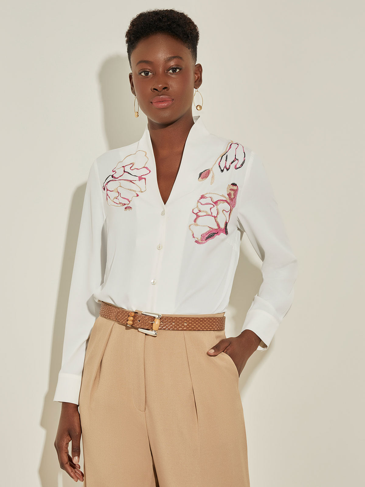 Floral Embroidered Button-Front Crepe Blouse
