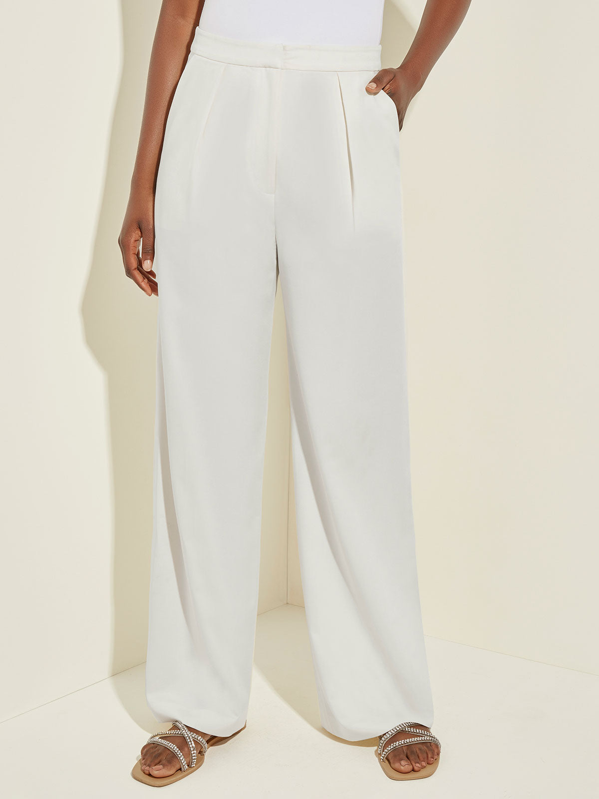white wide leg dress pants Naomi Wide Leg Woven Blend Pant White / L