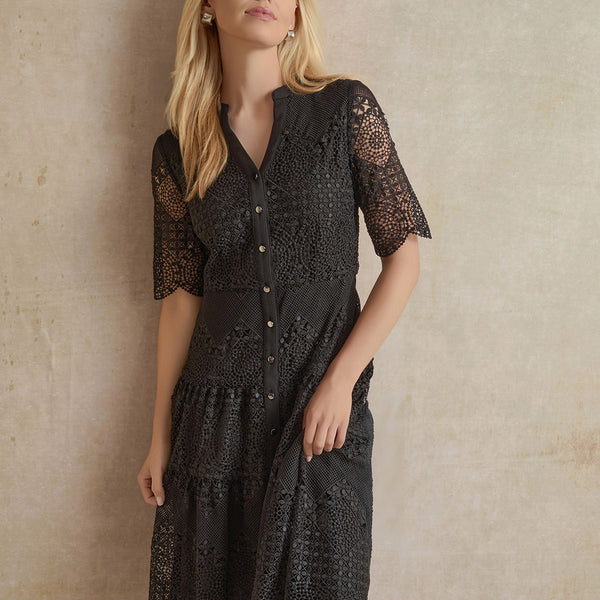 A-Line Tiered Laced Woven Midi Dress Black / L