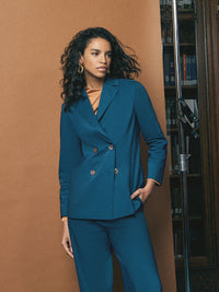 Double Breasted Cotton Blend Jacket, Marine Teal | Misook