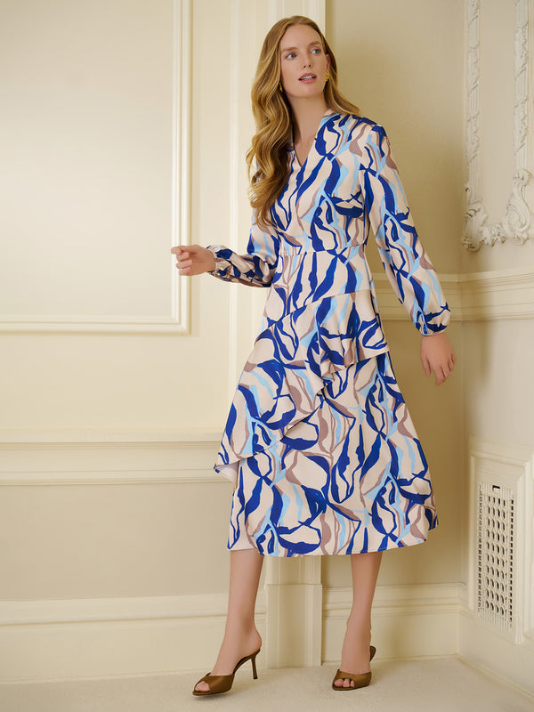 aegean ruffle zippered midi dress Fit & Flare Printed Crepe de Chine Ruffle Maxi Dress Biscotti/Aegean Blue/Powder Blue/Charmeuse / L