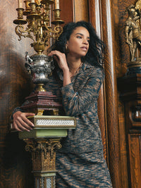 Collared V-Neck Knit Tunic, Marine Teal/Black/Goldenwood | Misook