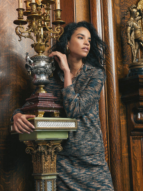 Collared V-Neck Knit Tunic, Marine Teal/Black/Goldenwood | Misook