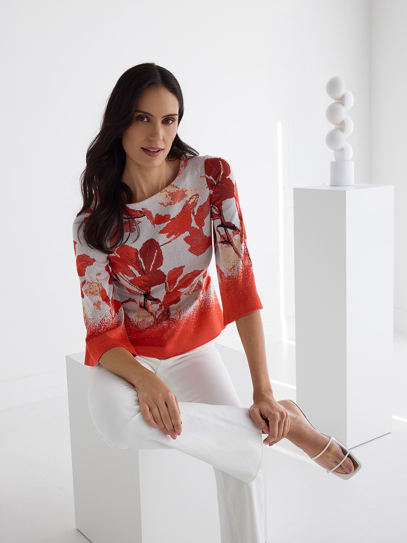 Floral Jacquard Bell Sleeve Soft Knit Top