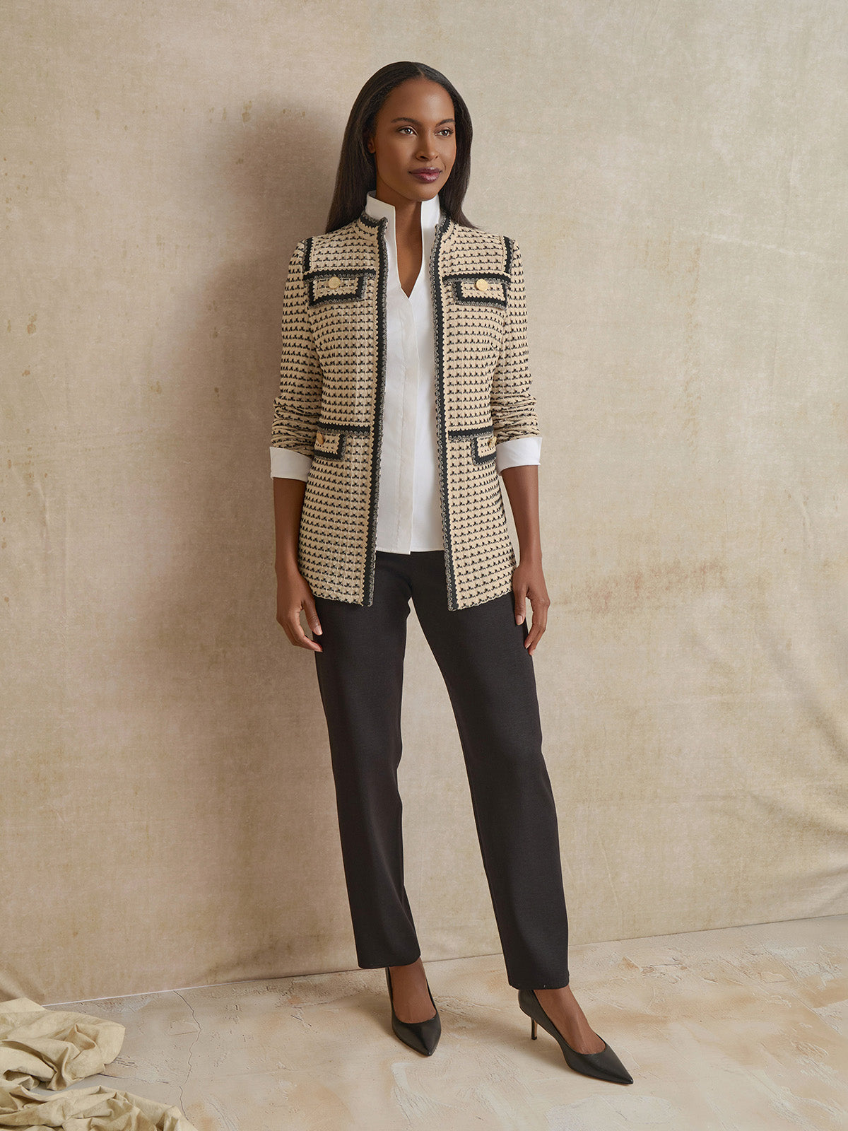 Tailored Multi-Stitch Zigzag Trim Knit Jacket