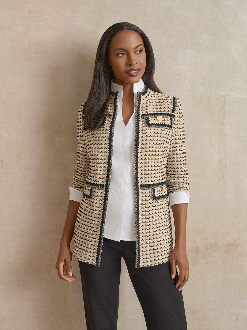 Tailored Multi-Stitch Zigzag Trim Knit Jacket