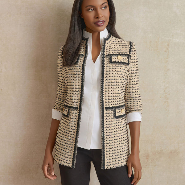 Tailored Multi-Stitch Zigzag Trim Knit Jacket