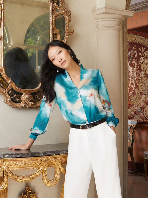 Watercolor Button-Up Crepe de Chine Blouse, French Blue/Basin Blue/Star Anise/Macadamia/Red Sunset/New Ivory | Misook