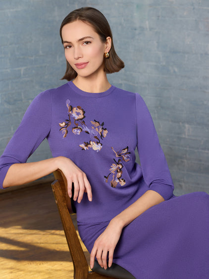 Embroidered Floral Soft Knit Sweater True Fit