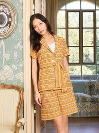 Short Sleeve Belted Tweed Knit Jacket, Star Anise/Macadamia/Black | Misook