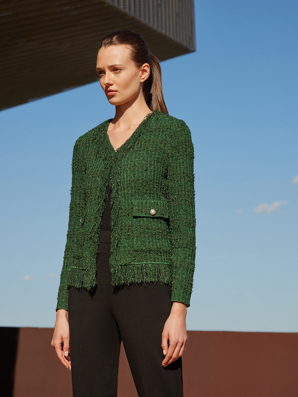 Tailored Eyelash Fringe Trim Knit Jacket