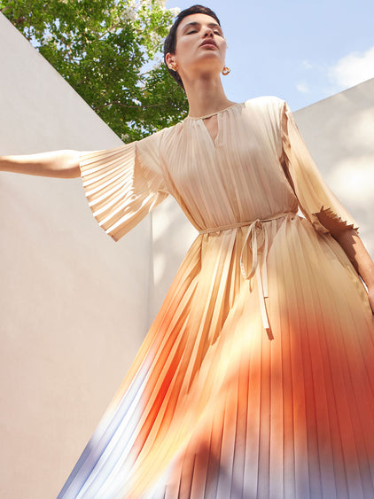 crepe long dress Pleated Ombre Crepe de Chine Maxi Dress
