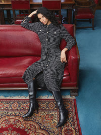 Belted Button Front Tweed Knit Midi Dress, Black/New Ivory | Misook