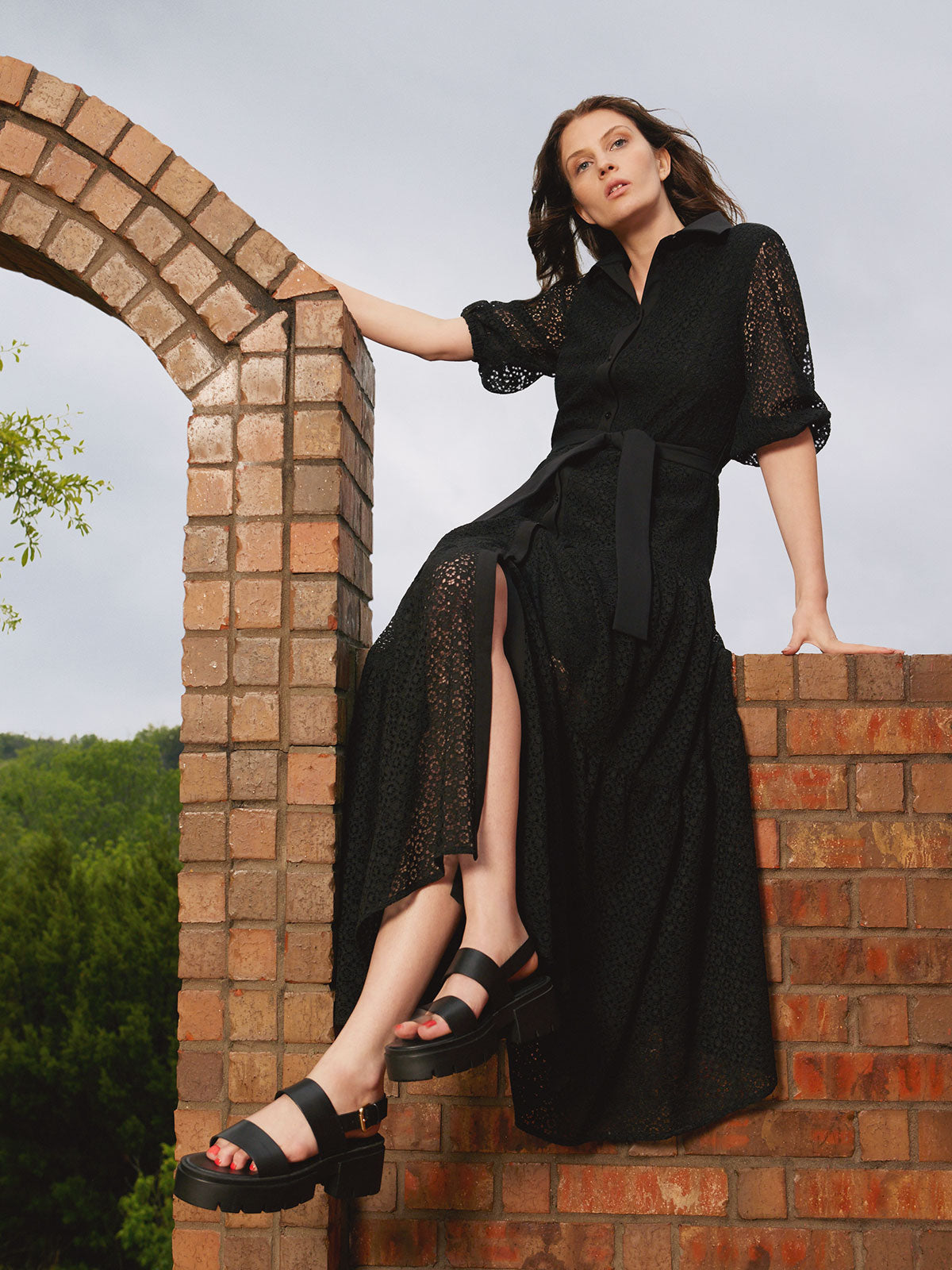 Maxi Drop Waist Dress Button Front Lined Lace