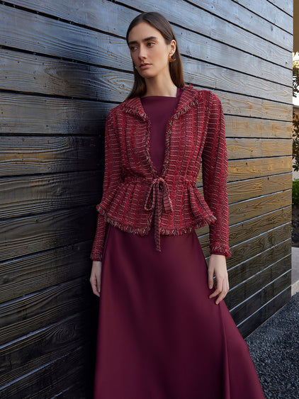 Modern Fit Linear Fringe Tweed Belted Knit Jacket 