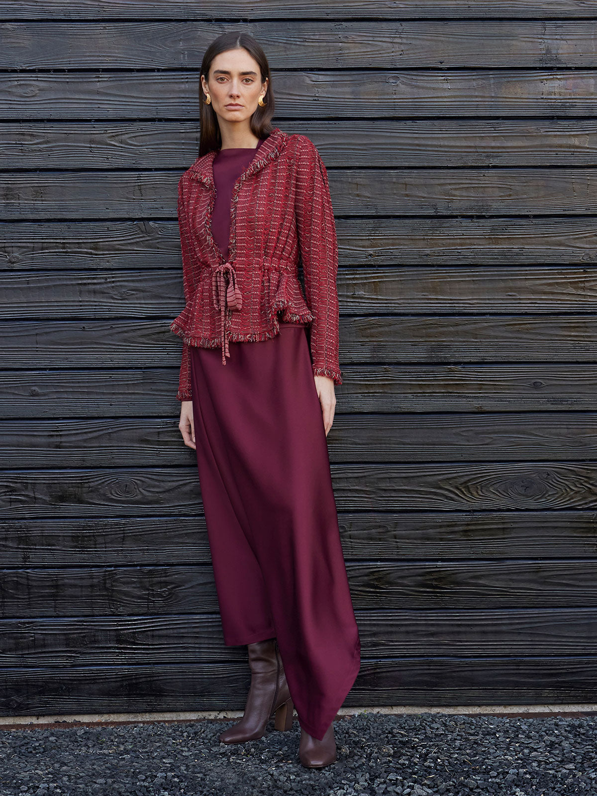Modern Fit Linear Fringe Tweed Belted Knit Jacket Modern Fit Linear Fringe Tweed Belted Knit Jacket