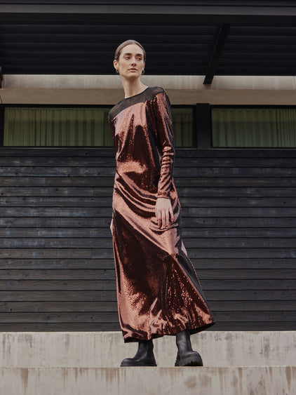 modern sequin dress Modern Fit Sheer Shoulder Sequin A-Line Maxi Dress