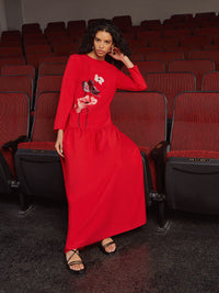 Placed Floral Drop Waist Twill Maxi Dress