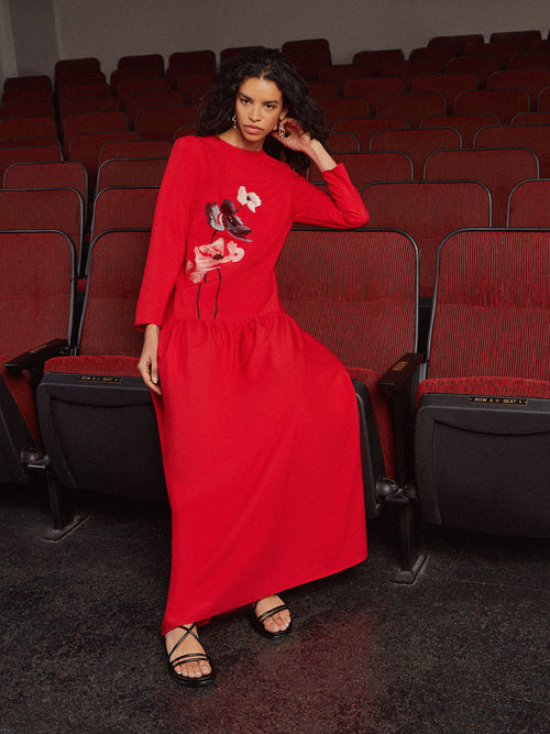 Placed Floral Drop Waist Twill Maxi Dress