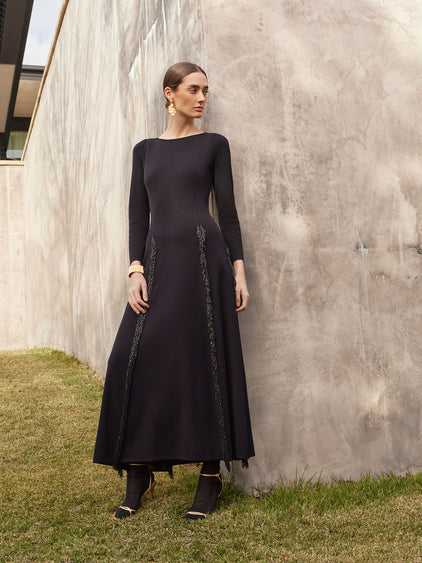 Misook Princess Seam Fringe Trim Knit Dress