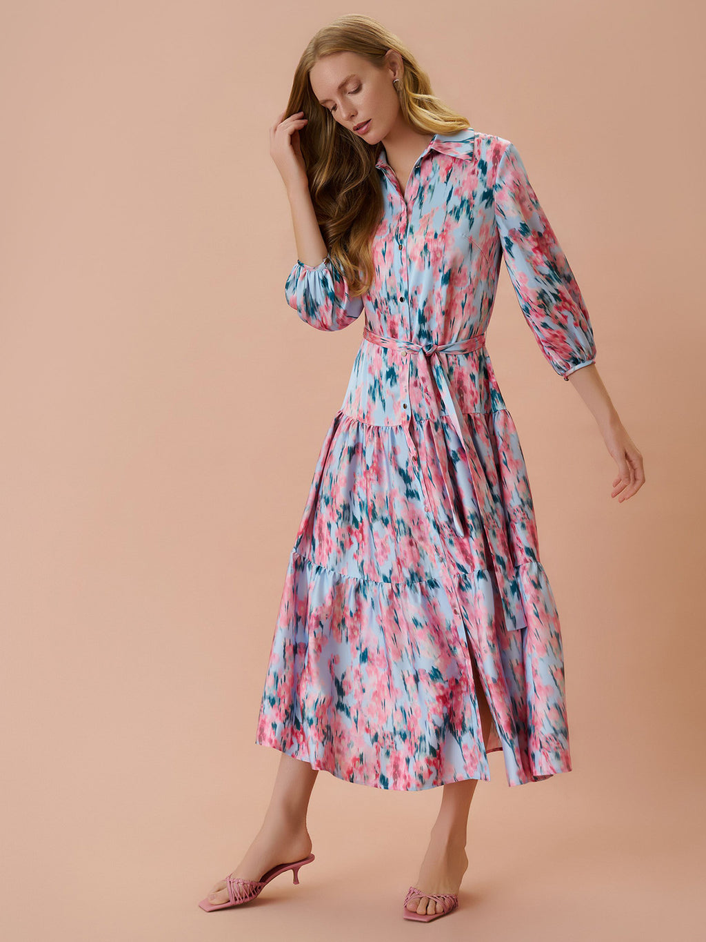 Printed Floral Crepe de Chine Tiered Maxi Dress Pink Parfait/Cherry Blossom/Spruce/Powder Blue/Biscotti/Black / XL