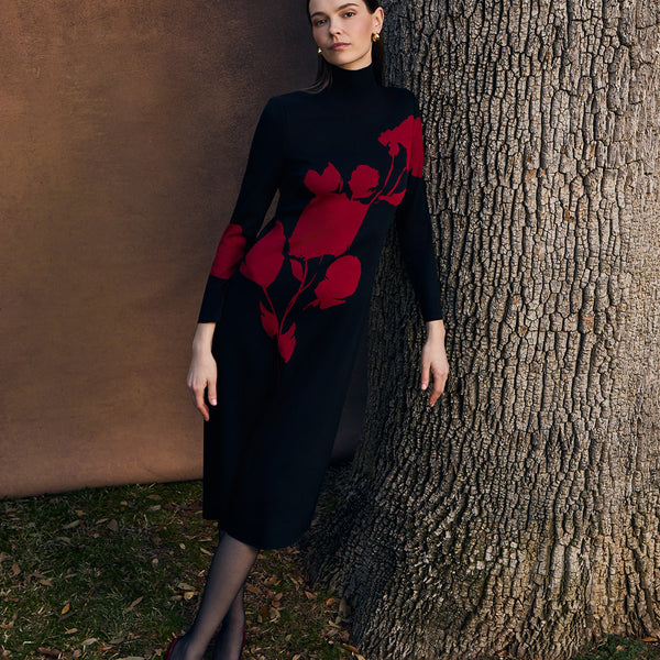 Red Floral Jacquard Soft Knit Maxi Dress