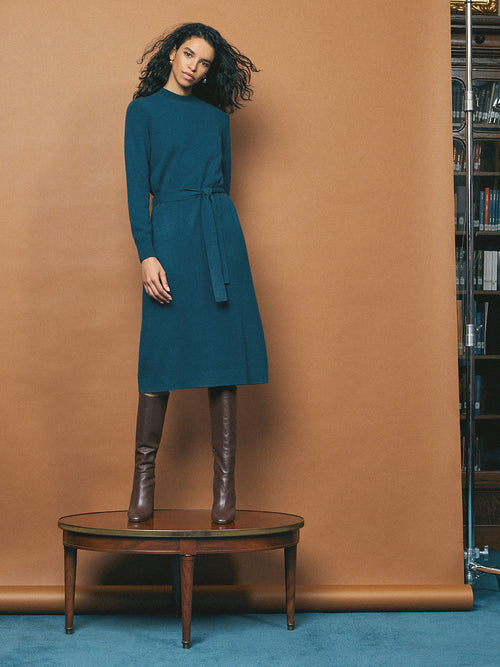 Belted Mock Neck Cashmere Dress, Marine Teal, Marine Teal | Misook