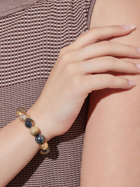 Handmade Matte Gold Plate Mixed Crystal & Tiger Eye Stretch Bracelet, Matte Gold/Champagne/Blue | Misook Premium Details