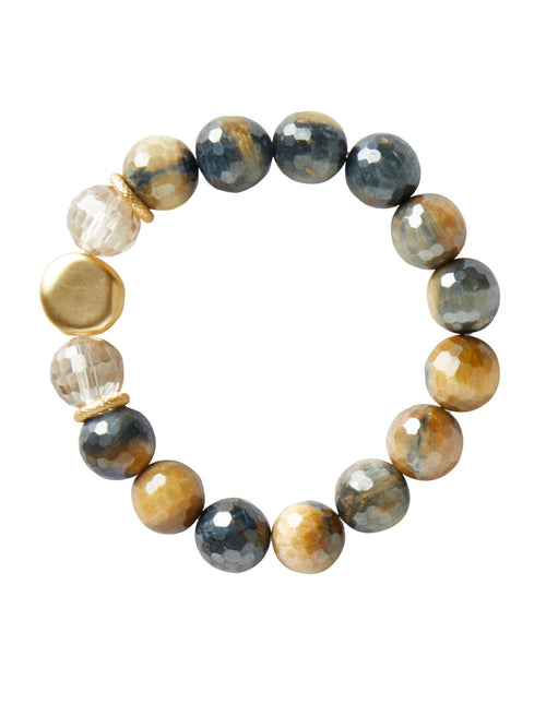 Handmade Matte Gold Plate Mixed Crystal & Tiger Eye Stretch Bracelet, Matte Gold/Champagne/Blue | Misook