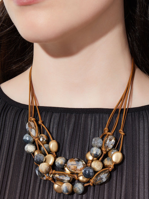Handmade Multi-Cord Matte Gold Plate Mixed Crystal & Tiger Eye Layered Necklace, Champagne/Blue/Bronze | Misook Premium Details