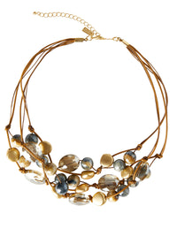 Handmade Multi-Cord Matte Gold Plate Mixed Crystal & Tiger Eye Layered Necklace, Champagne/Blue/Bronze | Misook