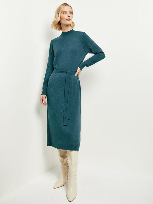 Belted Mock Neck Cashmere Dress, Marine Teal, Marine Teal | Misook