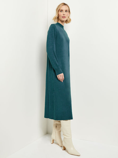 Belted Mock Neck Cashmere Dress, Marine Teal, Marine Teal | Misook