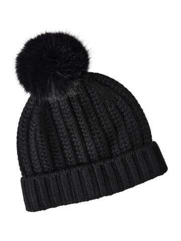 Faux Fur Pom Pom Cashmere Hat, Black