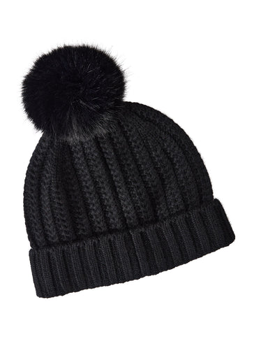 Faux Fur Pom Pom Cashmere Hat, Black, Black | Misook Premium Details